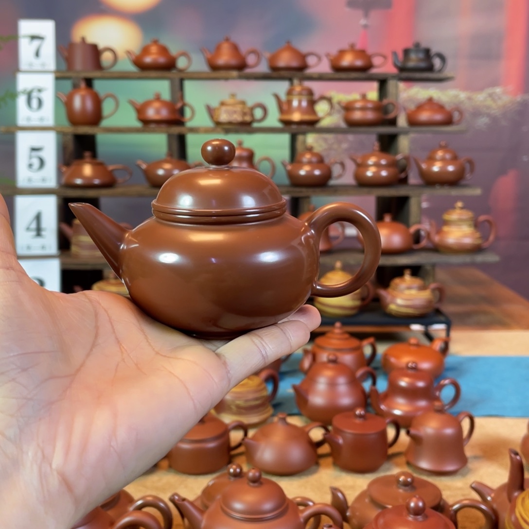 茶壶紫砂赵*潮州手工手拉朱泥水磨水平壶