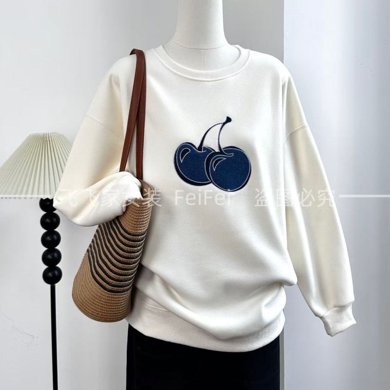 飞飞家～樱桃卫衣！！休闲风~加绒圆领 通勤百搭#卫衣Y9178杏