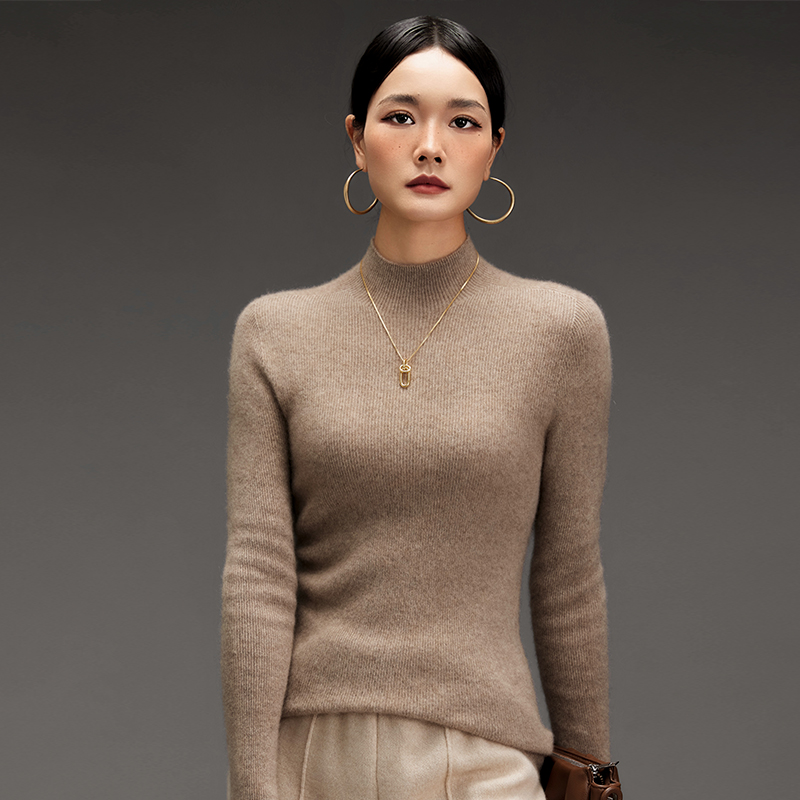 100%山羊绒一线成衣抽条女半高领修身时尚秋冬打底衫内穿外搭R03