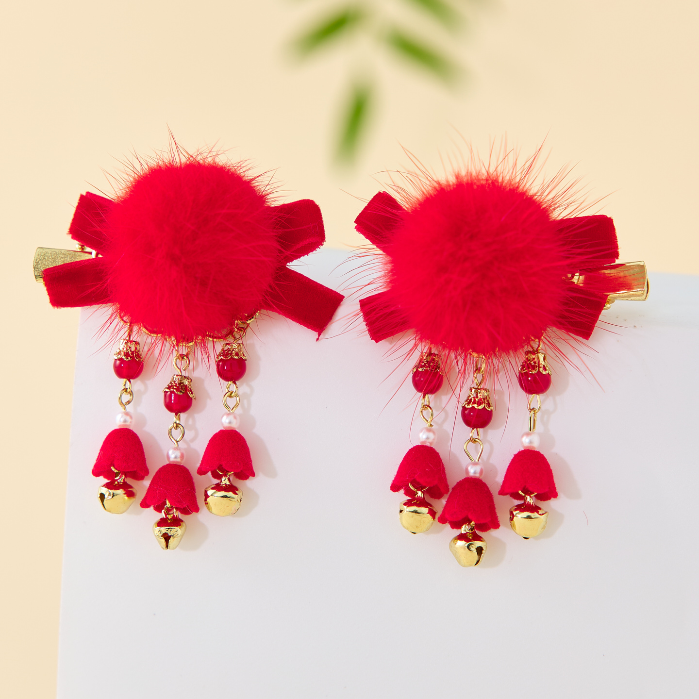 汉服女童冬款古风毛球发饰女孩国风红色喜庆过年头饰儿童新年发夹