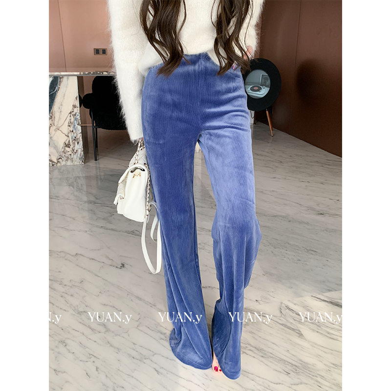 媛媛【蓝宝石】秋冬季直筒休闲裤女小个子蓝色裤子丝绒长裤#K1290