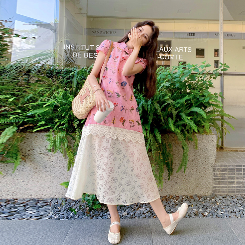 改良旗袍式连衣裙女2025夏季新款甜美减龄蕾丝拼接新中式国风裙子