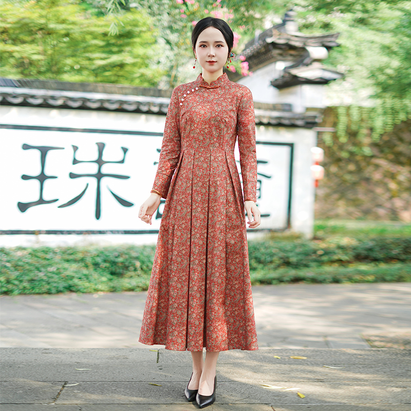 如意风秋季新款中国风改良旗袍连衣裙复古显瘦高级气质长裙25R612