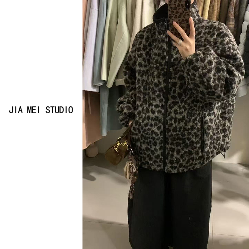 A240豹纹羽绒服2025韩版毛毛外套女新款休闲宽松百搭显瘦立领抽绳
