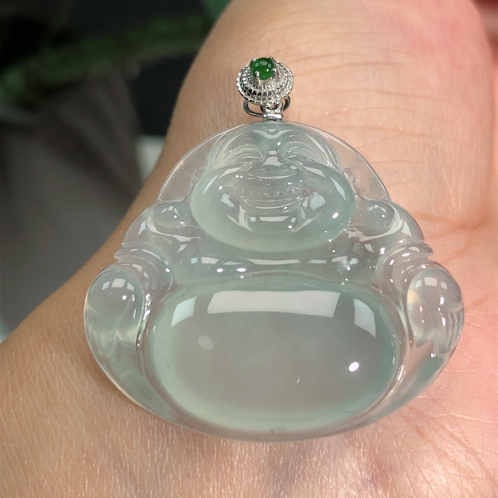 天然缅甸A货翡翠18K金镶老坑冰润大肚笑佛佛公吊坠