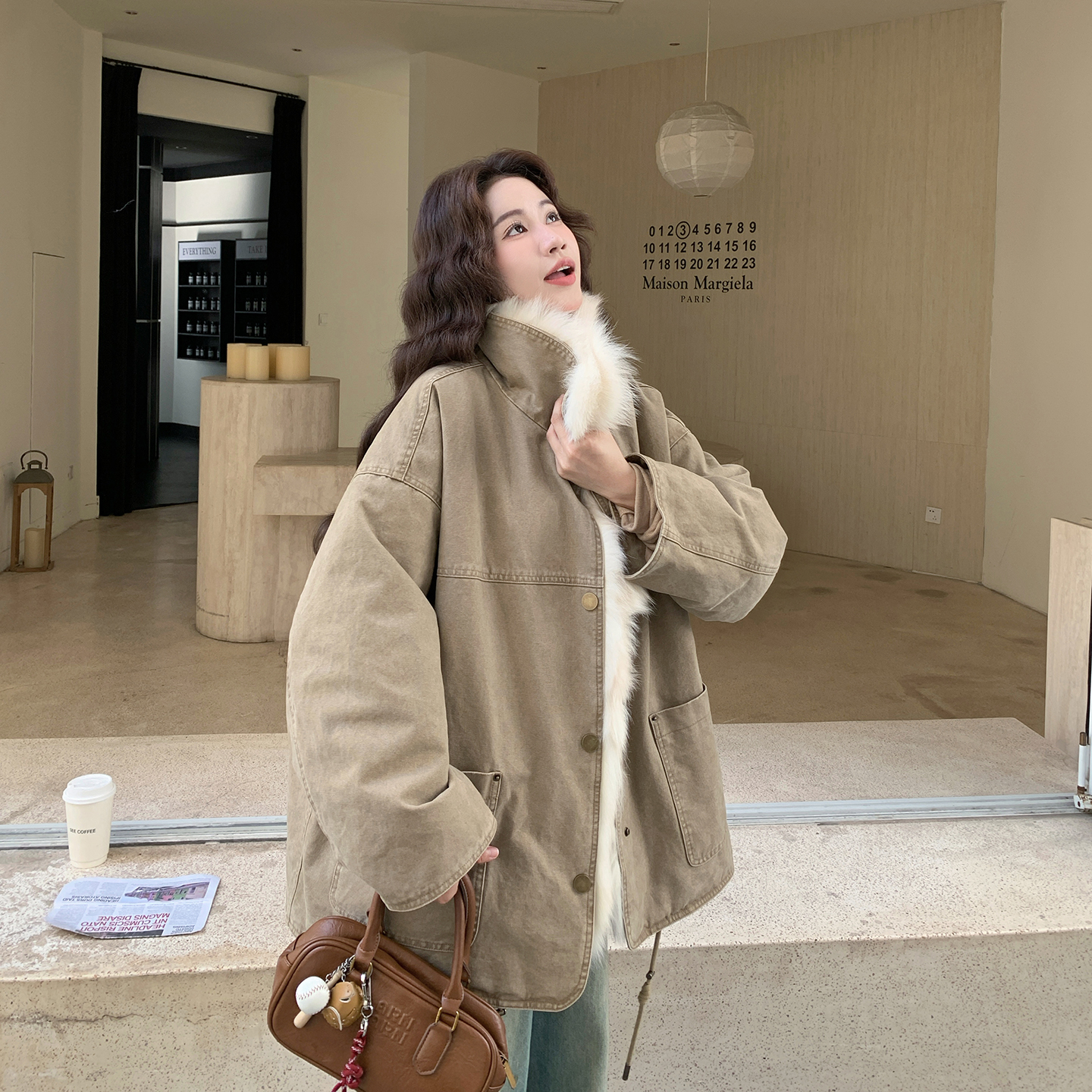 工装牛仔羽绒服女冬季新款韩系宽松90白鸭绒内胆大毛领派克服外套