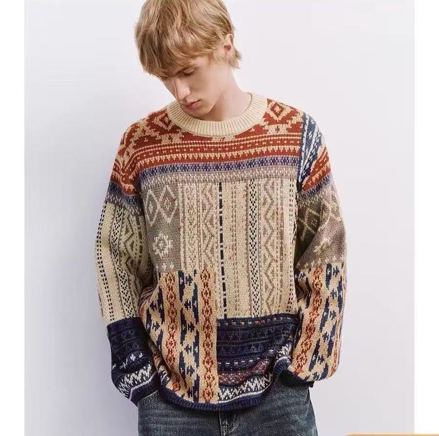 休闲厚款针织衫衫宽松型复古常规提花拼色A10135