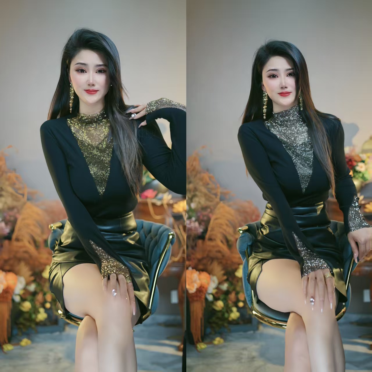 星随6219设计感辣妹时尚闪闪烫钻木耳边褶皱修身显瘦长袖打底衫