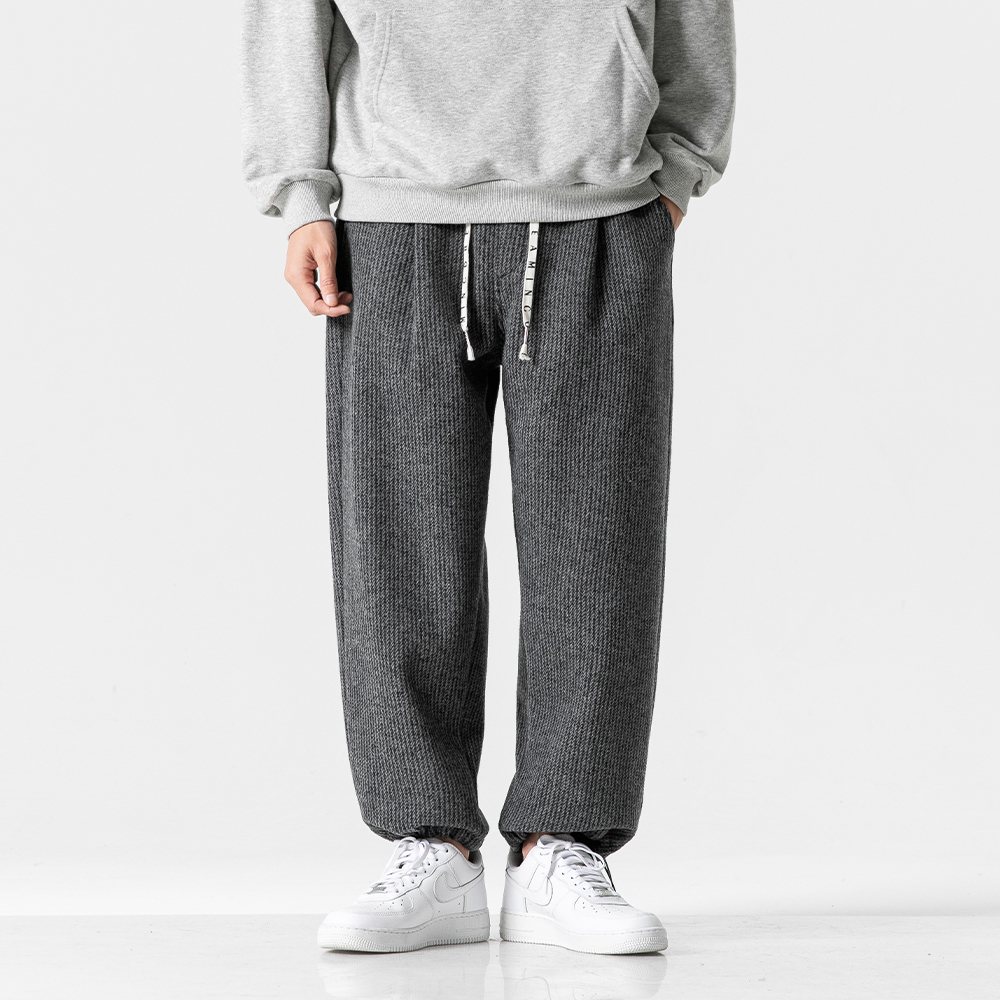 B019日系简约冬季保暖条纹针织加绒裤宽松纯色百搭阔腿休闲长裤