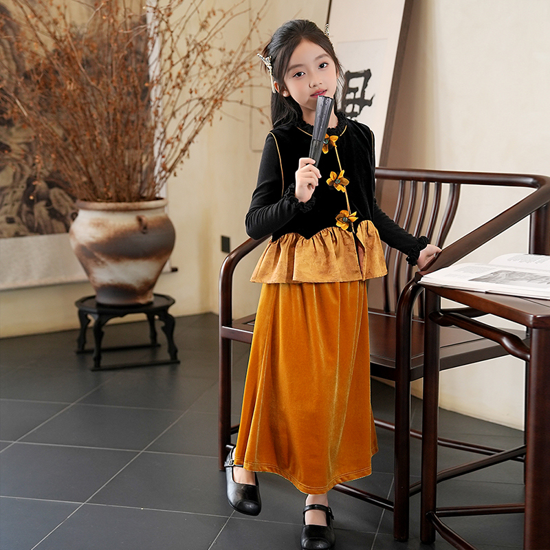53937女童国风丝绒马甲外搭上衣汉服新中式秋装古风女孩唐装礼服