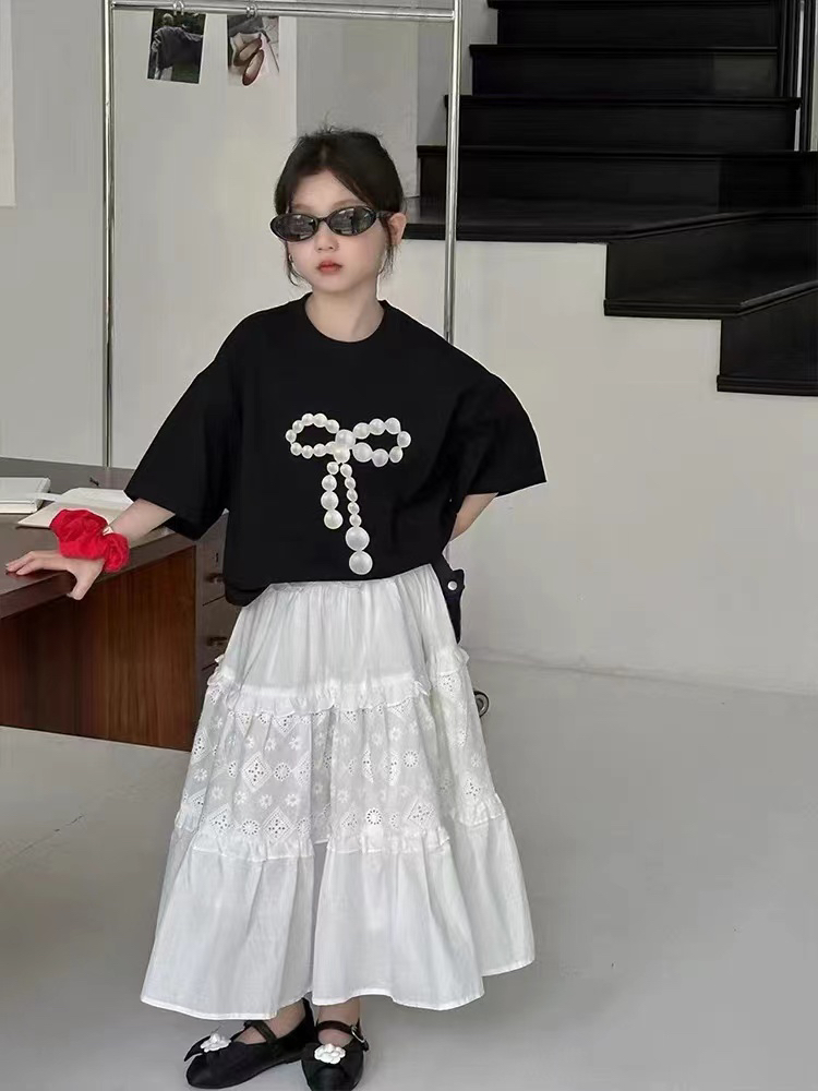 品牌童装2025夏款女童蝴蝶结套装裙高级感儿童短袖裙子两件套0083