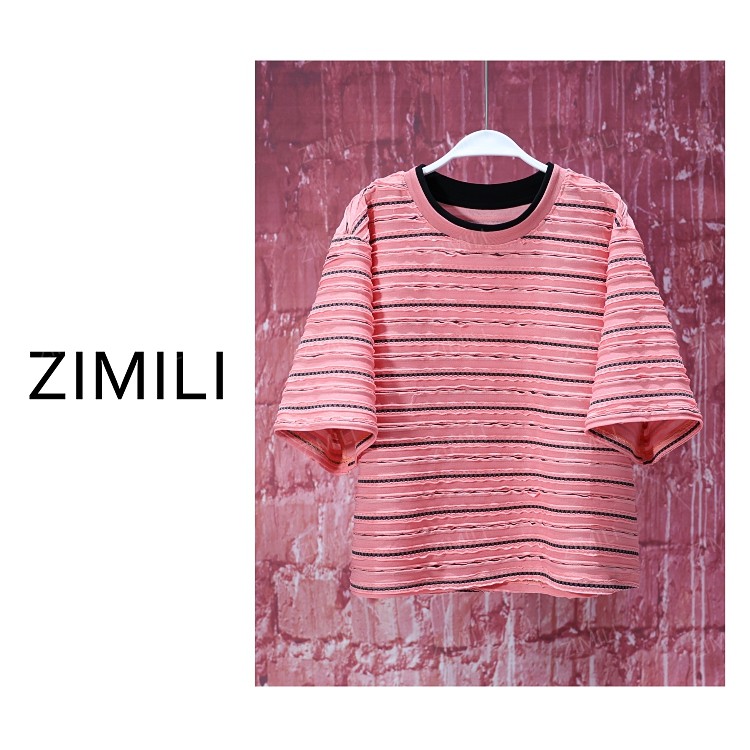 【亮哥女装】2025欧版瓜红撞色条纹小众设计师气质时尚短袖9667-H6