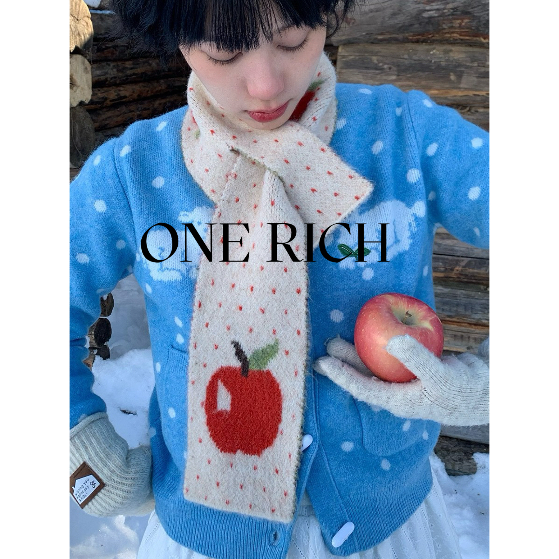 ONE RICH可爱软糯苹果交叉围脖2025秋冬新款针织小围巾
