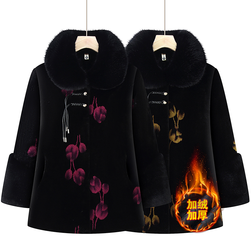 秋冬款纽扣花草保暖中老年女装毛呢中年中长款厚款中老年女装外套