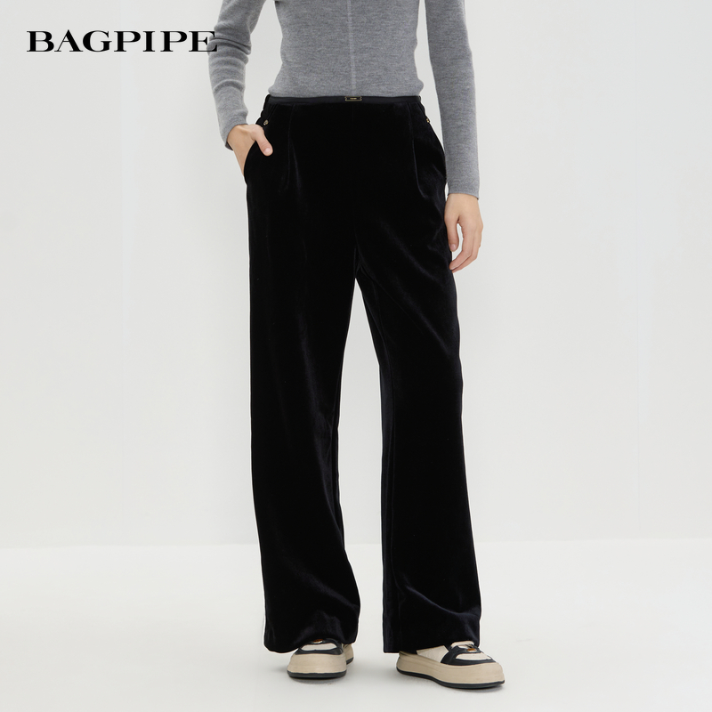 风笛2025冬季新款高腰显瘦阔腿长裤女柔软垂感百搭松紧腰糯米裤