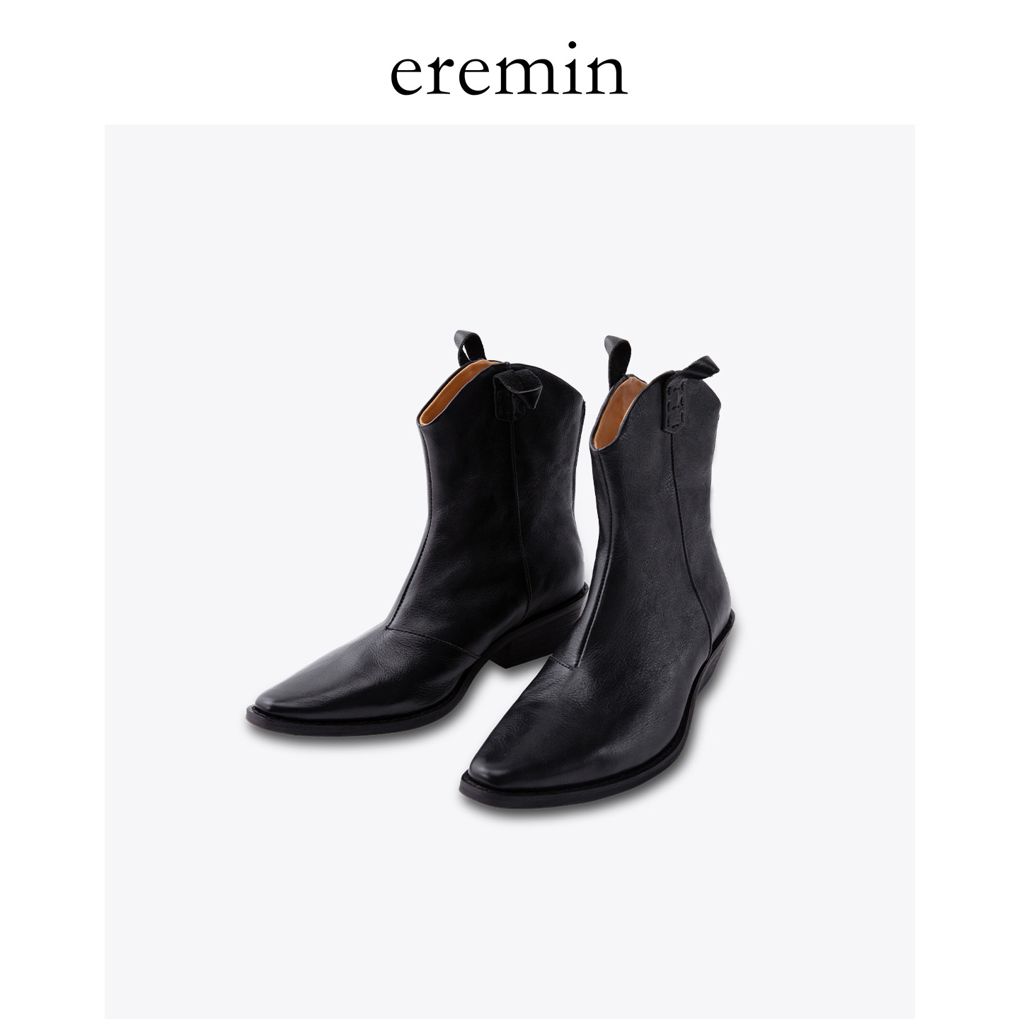 Min 手抓植鞣牛皮尖头粗跟西部靴复古百搭短靴24040