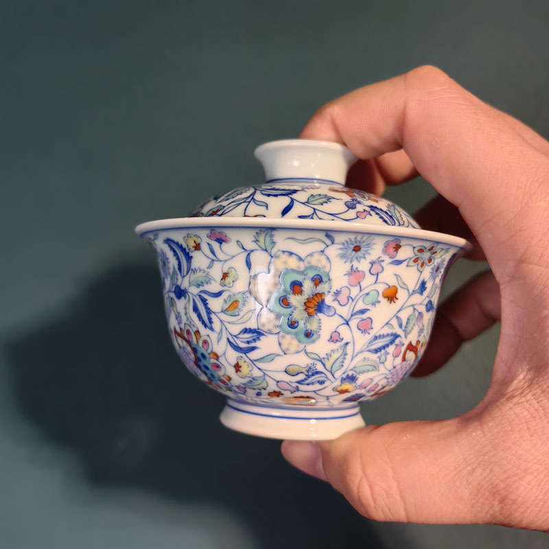 空山明月青花斗彩凤尾草两才盖碗元宝器型泡茶碗花卉缠枝两才茶碗