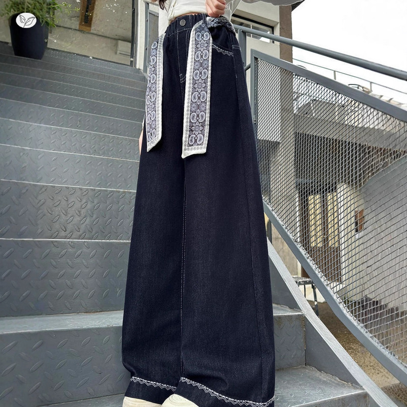 女童2025秋季新品丝巾腰带牛仔裤中大童春秋复古阔腿裤学生直筒裤
