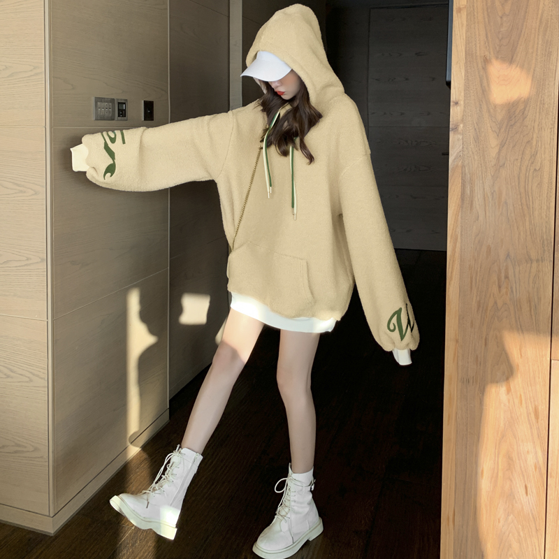 644欧货休闲时尚卫衣女装2025冬季宽松慵懒风连帽中长款上衣