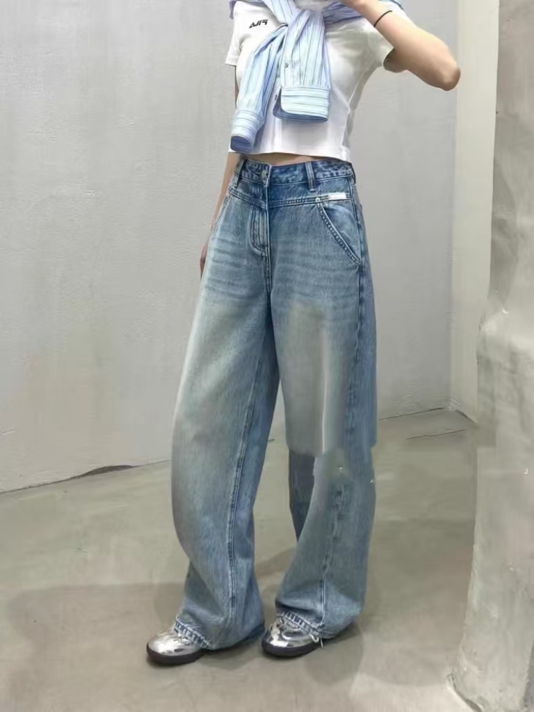 SU【310】花66 素素 阔腿牛仔裤女2025夏薄款宽松显瘦老爹弯刀裤~