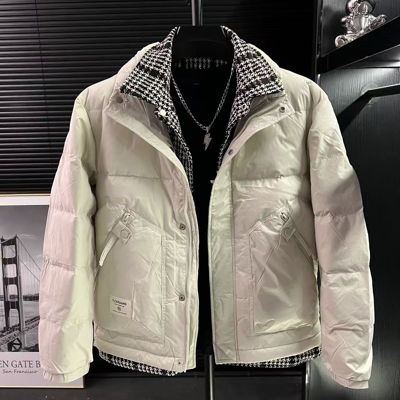 H-轻奢假两件立领羽绒服男衬衫领加绒加厚外套时尚痞帅拼接格子