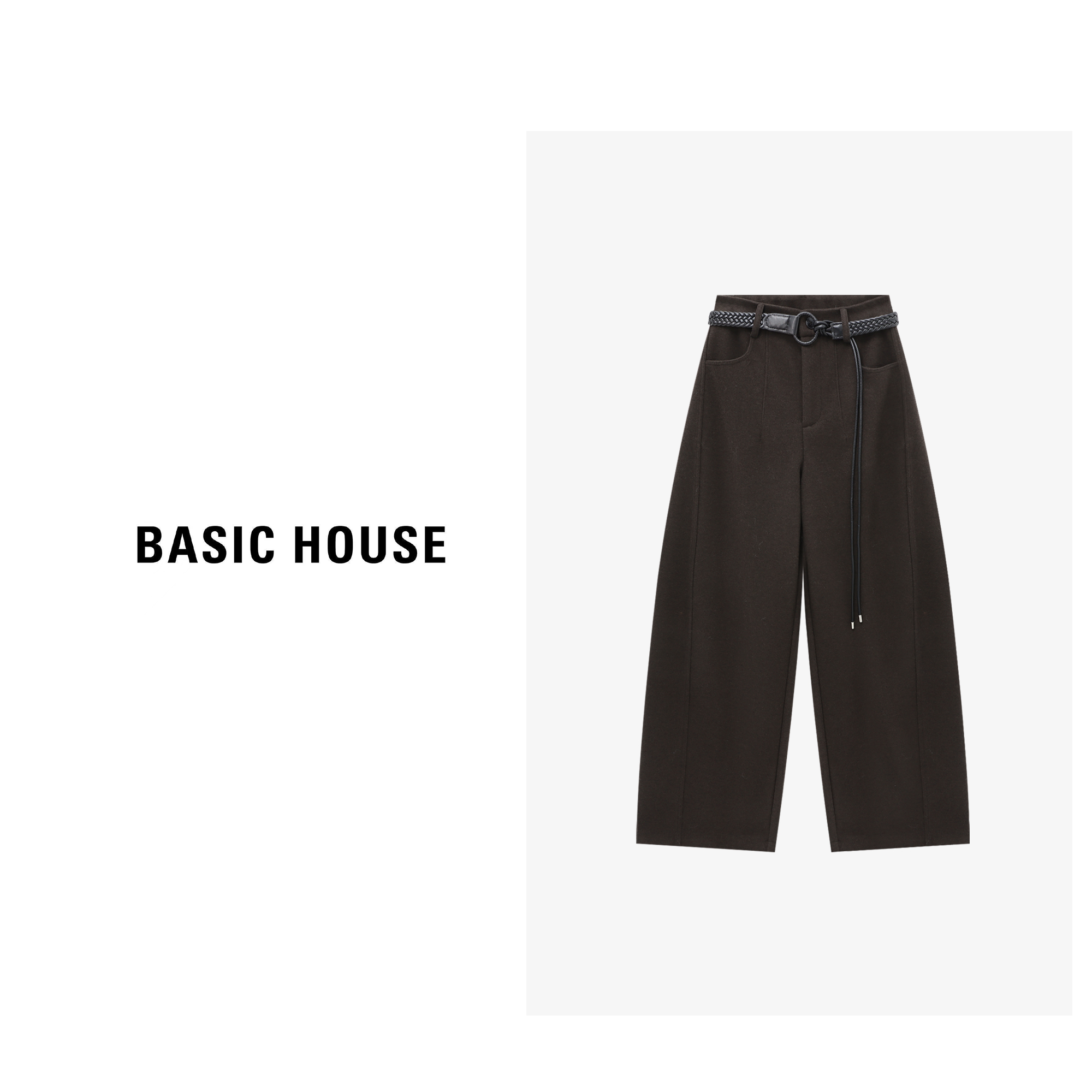 Basic House/百家好秋冬新款简约直筒百搭毛呢感长裤-B0625B5SST2