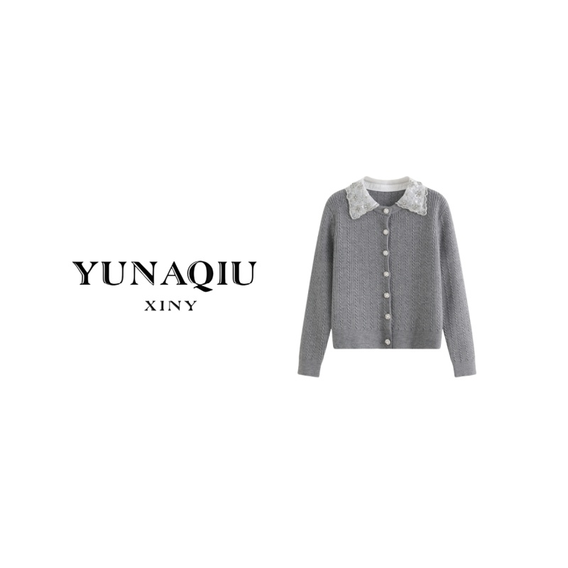 YUNAQIU-法式甜美针织翻领开衫-9633