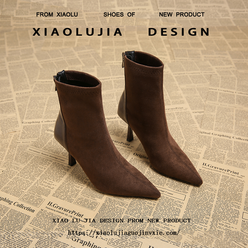 女款秋冬加绒裸靴高跟短靴法式复古弹力靴尖头细跟瘦瘦真皮马丁靴