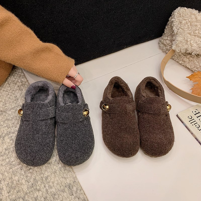 厚底灰色勃肯鞋女加绒毛毛豆豆鞋2025新款冬季鞋子一脚蹬乐福棉鞋