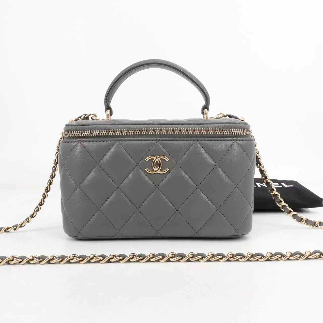 95新 Chanel/香奈儿 GGS手柄长盒子灰色金扣羊皮芯片款50443414