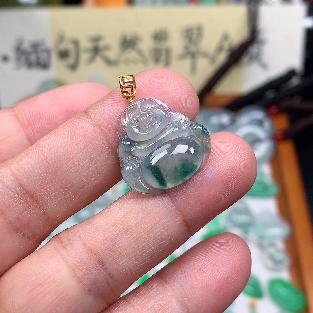 翡翠裸石18K金镶嵌缅甸天然A货翡翠冰种佛公