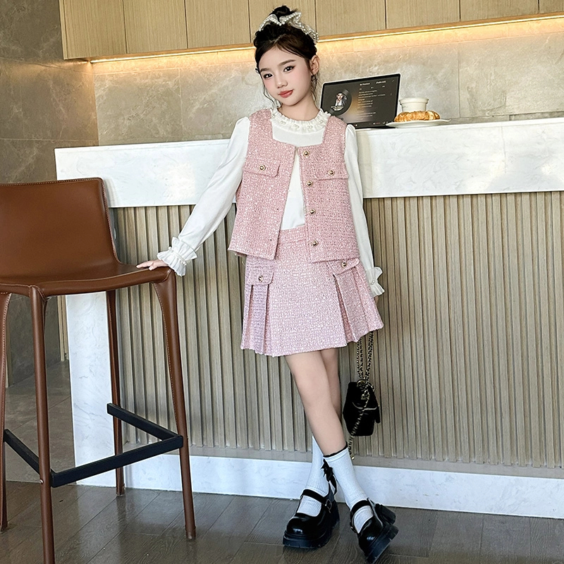 2025新款春秋季女.童粉色马夹百褶半身短裙韩版小香风套装三件套