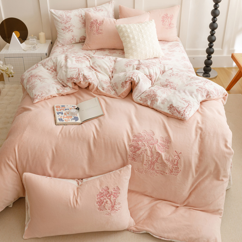 软亲肤不静电牛奶绒法莱绒冬季加厚高档双面法式简约珊瑚绒四件套