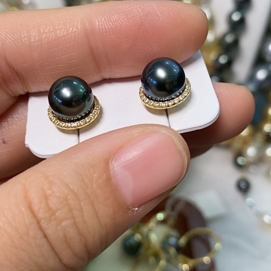海水珍珠耳饰银S925镶嵌8-9