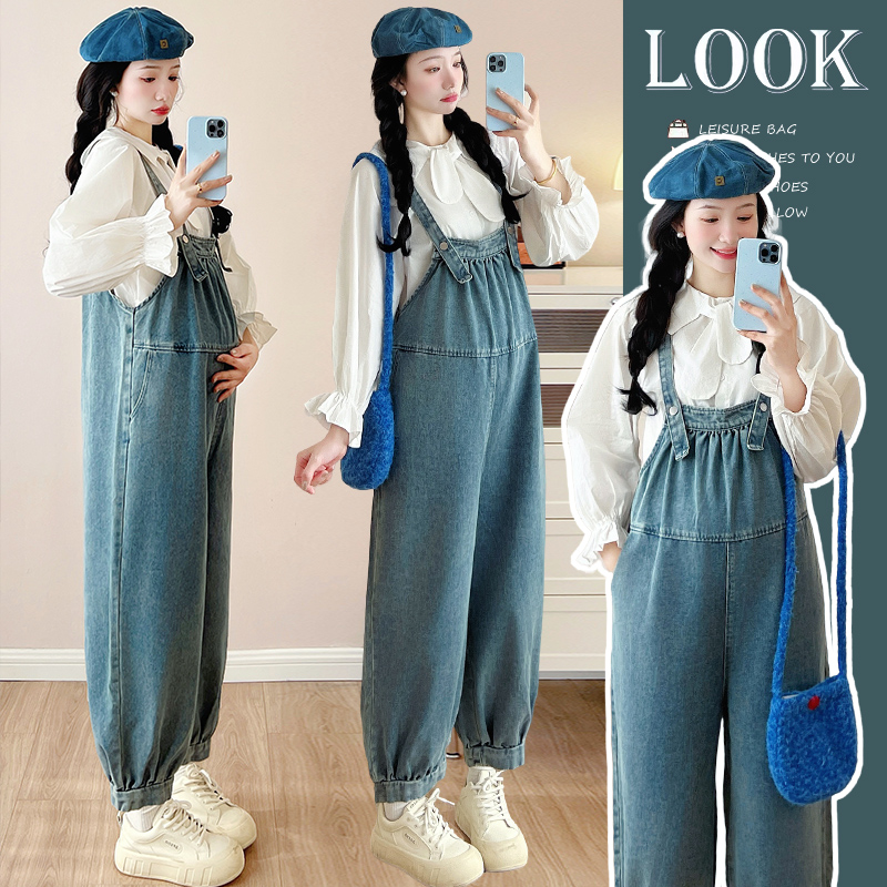 【KIKI严选】孕妇装春季套装2025新款韩版休闲牛仔背带裤衬衣套装