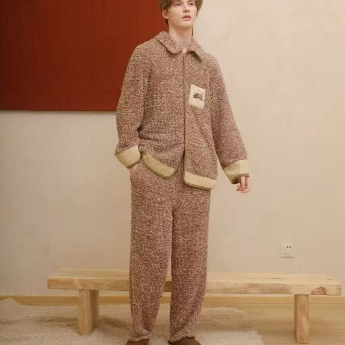 朵朵可可睡衣男25秋冬新款开衫双面羽毛绒时尚家居服套装加厚