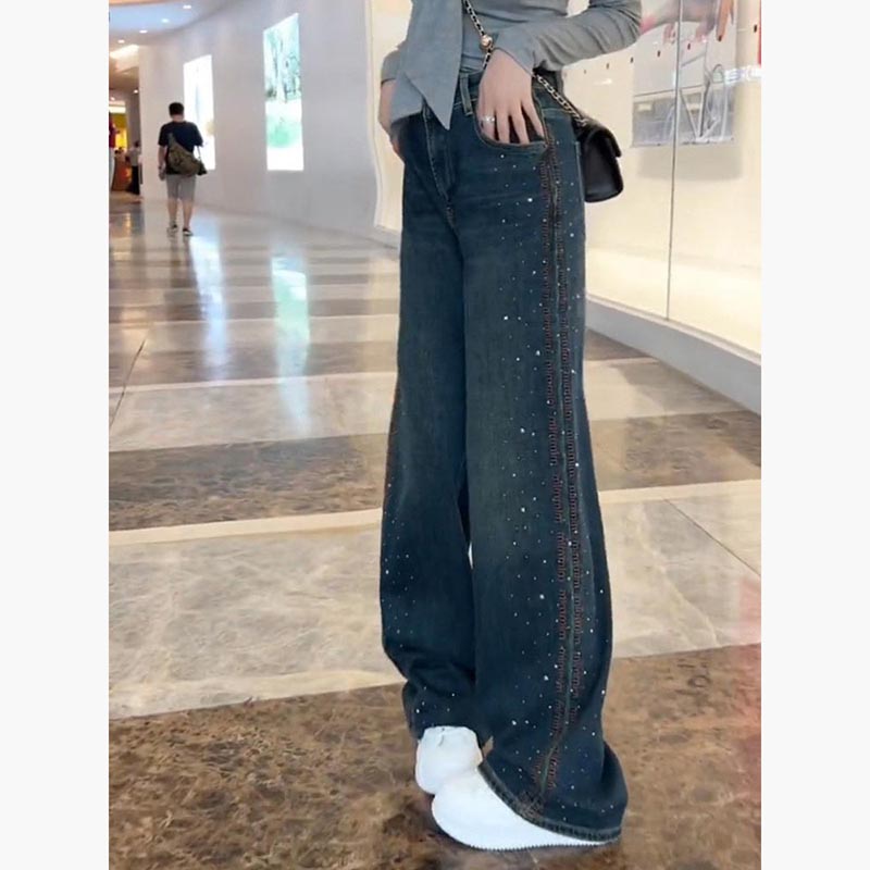大码美式复古重工烫钻牛仔裤女春季高腰宽松气质显瘦阔腿拖地裤子