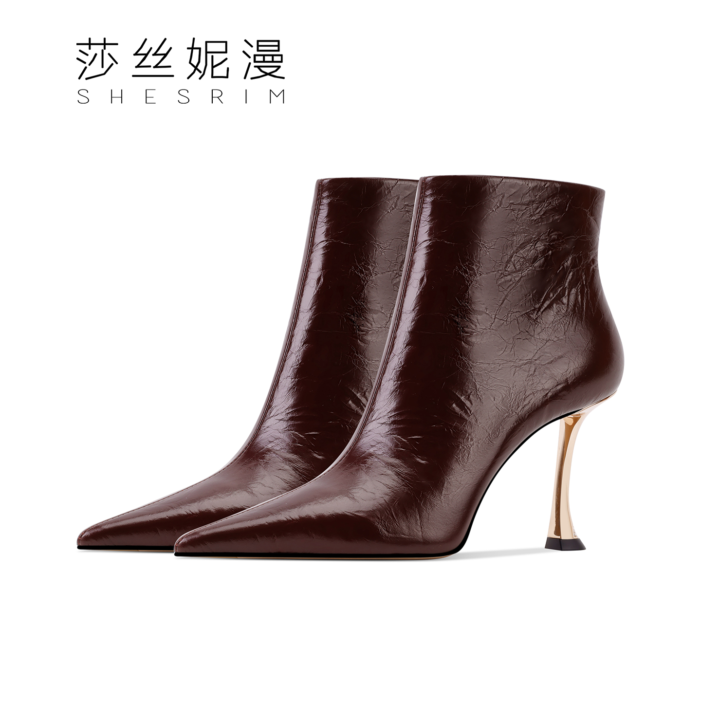 324-「8.5CM」抓褶时装风秋冬季上新女士高级感短靴加绒金属实心跟