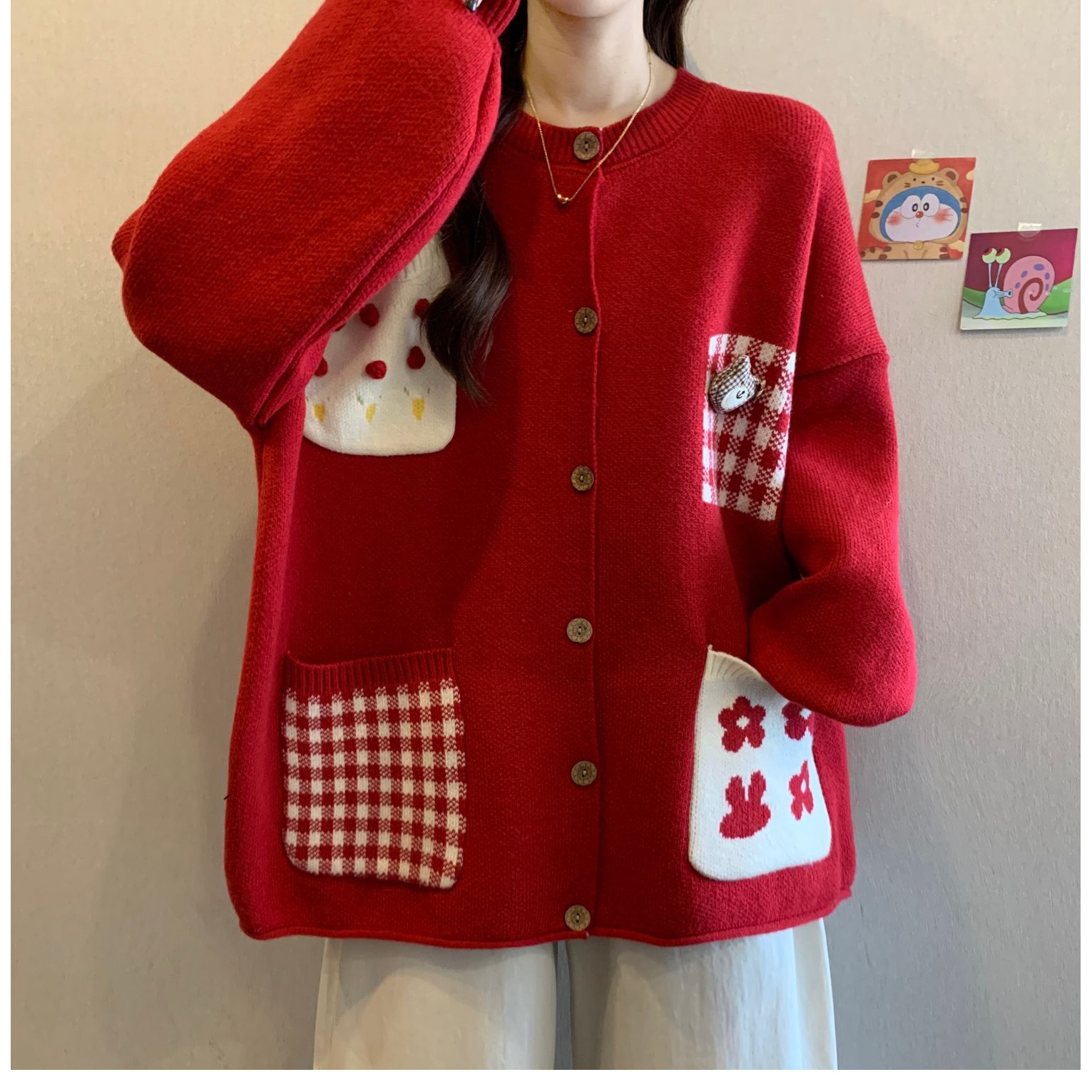 大码女装胖mm韩系秋冬款设计感开衫毛衣外套口袋立体小熊女生319