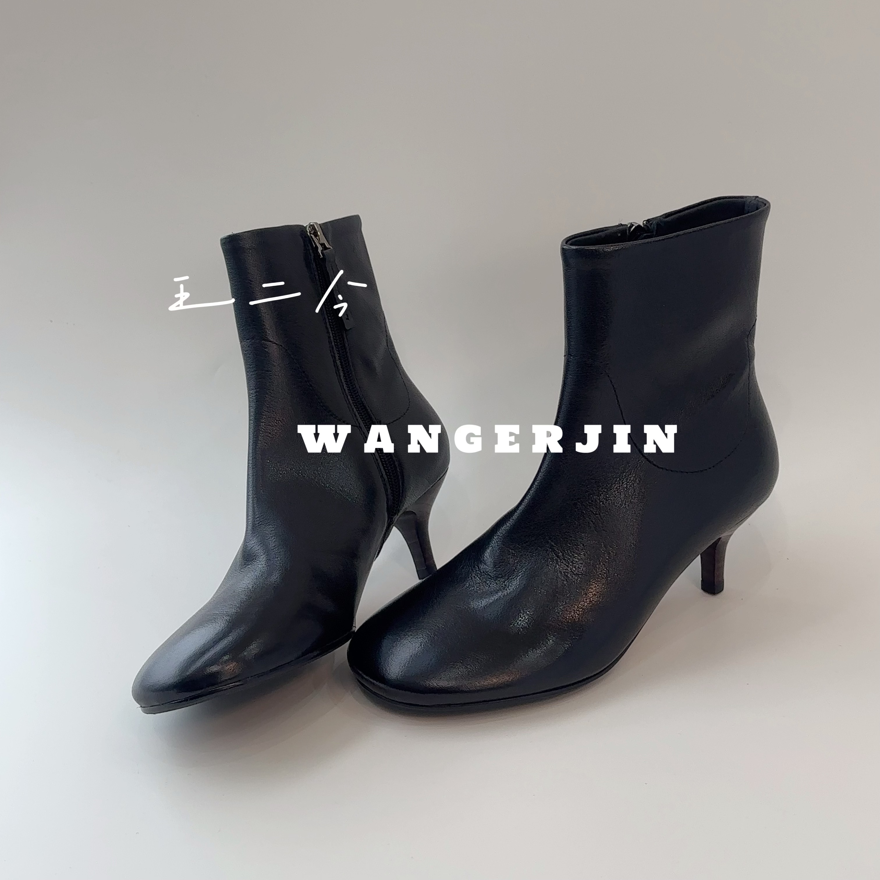 【王二今】牛皮/5.5CM/小猫跟圆头法式切尔西靴气质时装瘦瘦短靴女