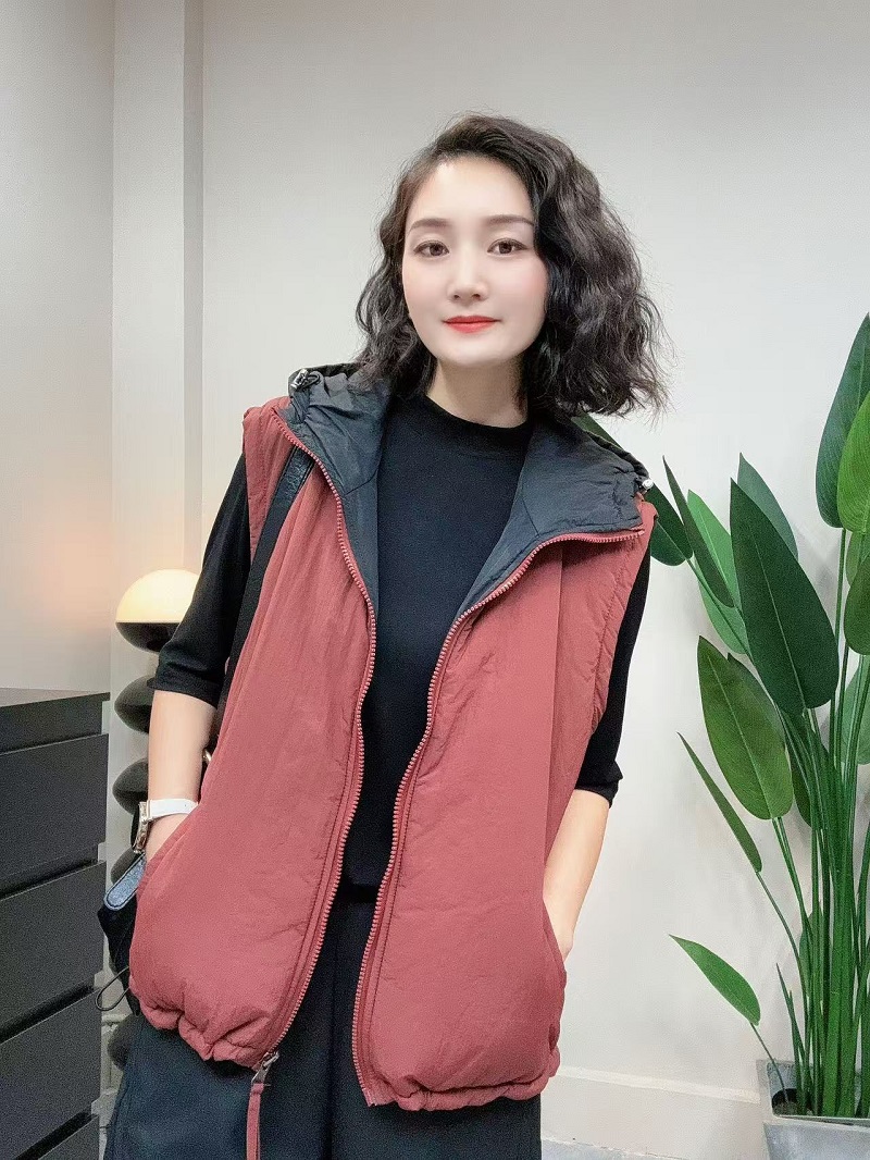 [拼色两面穿]秋冬新款连帽双面穿夹棉坎肩宽松休闲百搭保暖马甲女