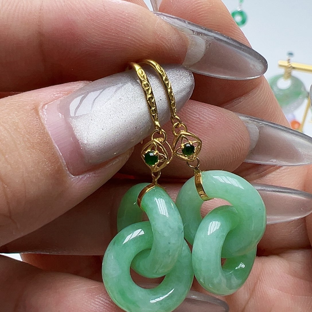 翡翠18K金镶嵌耳饰海**件天然缅甸A货翡翠