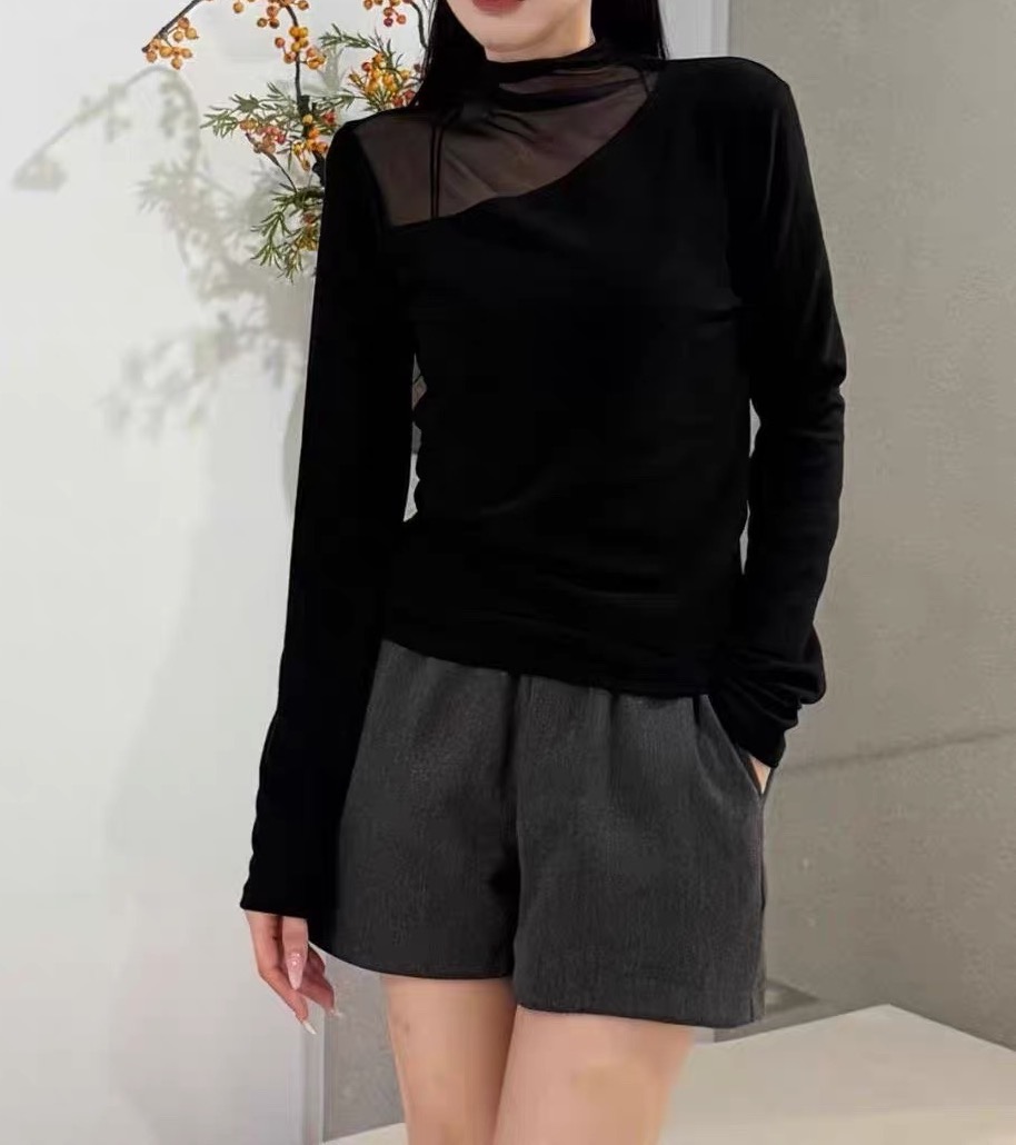 MeiQi南油高货！金丝绒网纱拼接设计款半高领秋冬百搭T恤打底A3861