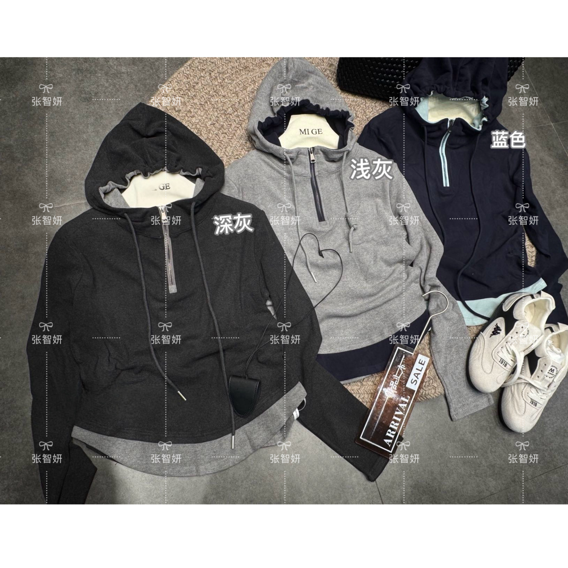 韩国拼色半拉链连帽卫衣柔软假两件打底衫女秋冬保暖帽衫