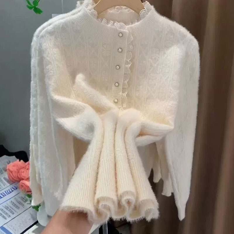 提花气质减龄半高领蕾丝钉珠毛衣女外穿秋冬针织打底衫加厚内搭