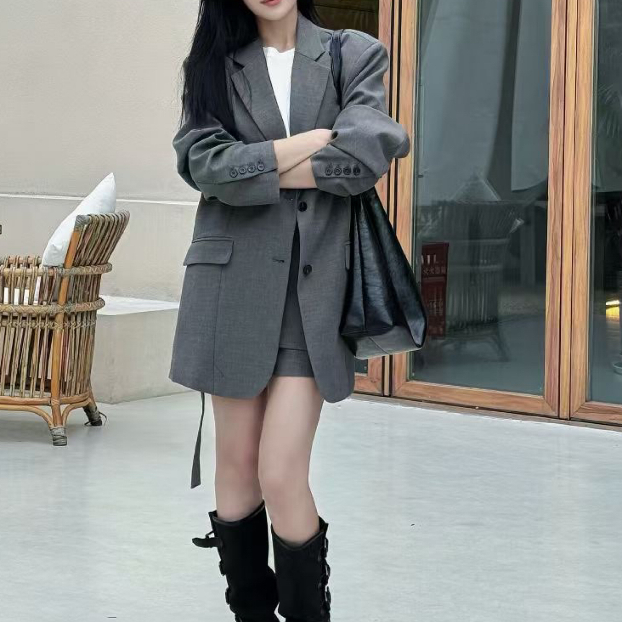 秋季灰色大阔肩松弛感休闲长袖宽松女士西装外套