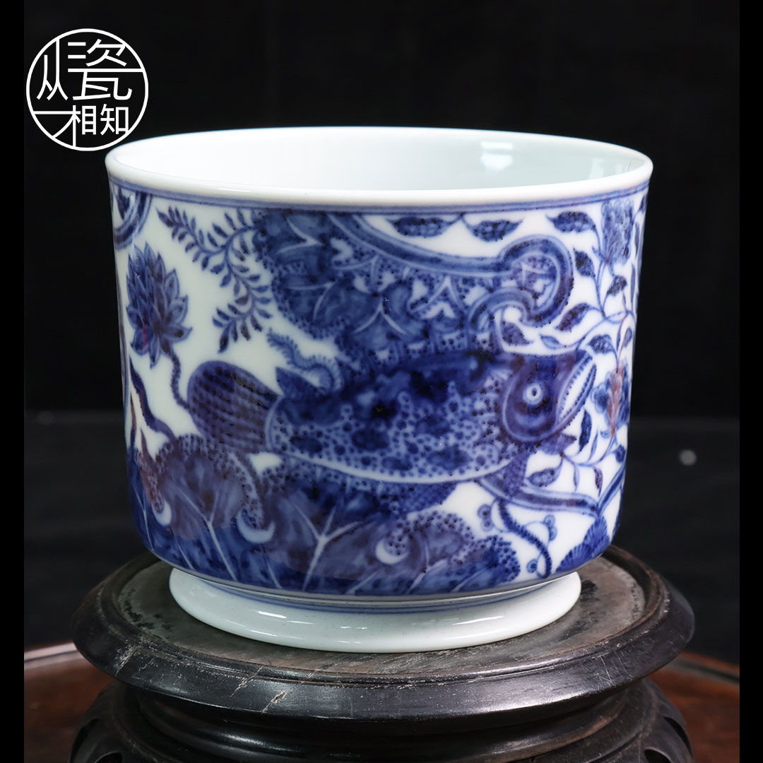 愚拙造物 如意纹鱼藻直口杯 景德镇青花瓷纯手工手绘中式高端单杯