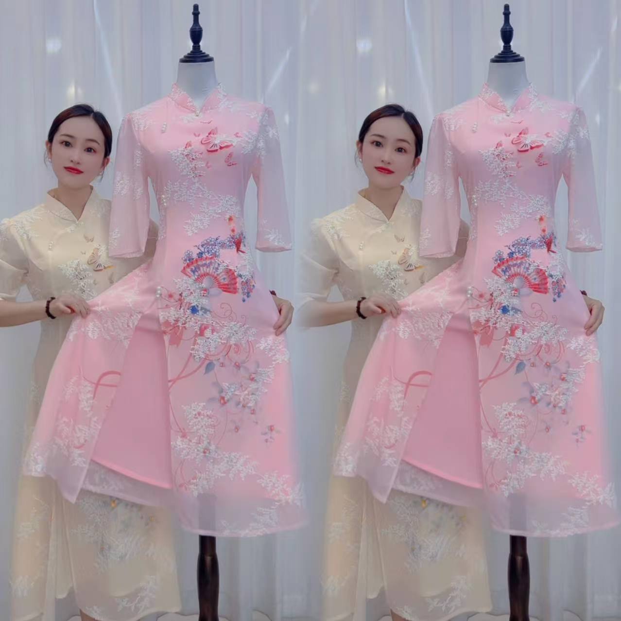 蝴蝶美人低领长款旗袍裙中袖改良显瘦国风古典旗袍连衣裙遮肚子