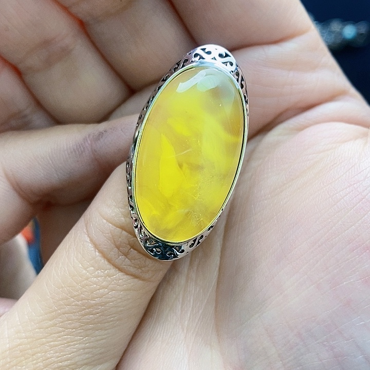 琥珀裸石银S925镶嵌戒指