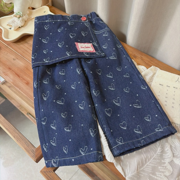 釉兮 25冬 3095女童爱心一体绒直筒裤牛仔裤屁帘可拆卸